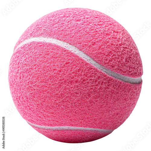A pink tennis ball featuring a textured surface and distinctive white stitching.