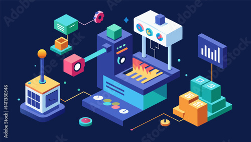 A visualization of a 3D printing process using realtime data to optimize production speed and minimize material waste.. Vector illustration