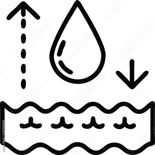 Evaporation Cycle Vector, Water Drop, Upward Arrow, Wave Line Icon on White