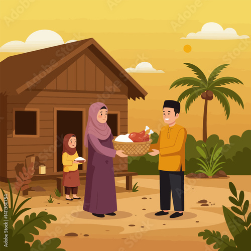 Family Sharing Food Outdoor Near House Illustration