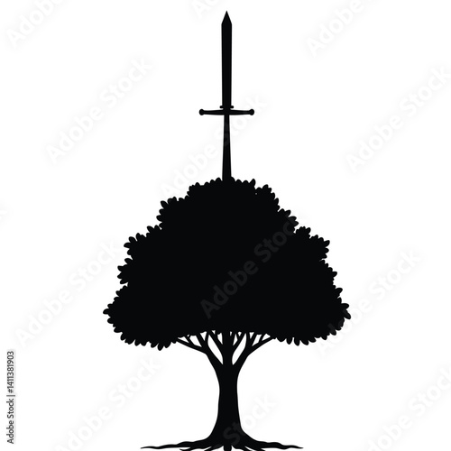 Silhouette Of Sword In Tree Mystical Symbolism And Fantasy Elements