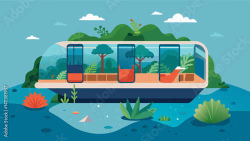 Some eVTOLs had glass bottoms providing passengers with a unique birdseye view of the vibrant marine life and lush vegetation beneath them as they traveled between islands.. Vector illustration
