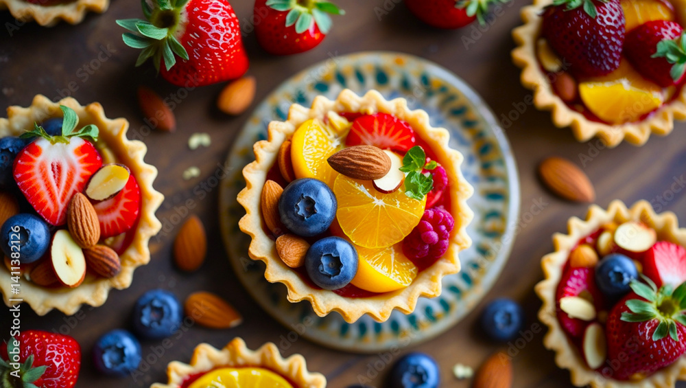 small pie with fruit on top with nuts around it generate ai. small pie with fruit on top with nuts around it generate ai.