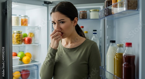 Disgusted Woman Holding Nose While Looking into Refrigerator with Spoiled Food