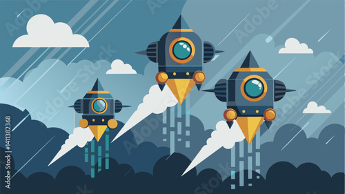 The eVTOLs flew through the thick mist and rain their powerful electric engines propelling them towards their destinations with utmost efficiency.. Vector illustration