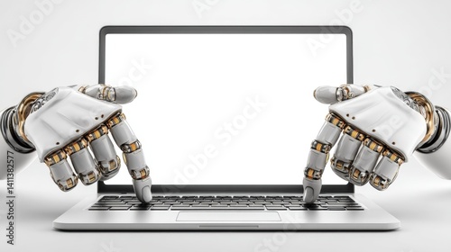 3D render of robot hands typing on a laptop with a white screen, isolated on a light grey background with copy space for text or design.
