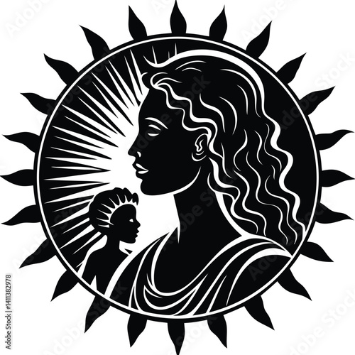 Monochromatic Sunburst Illustration of Mother and Child