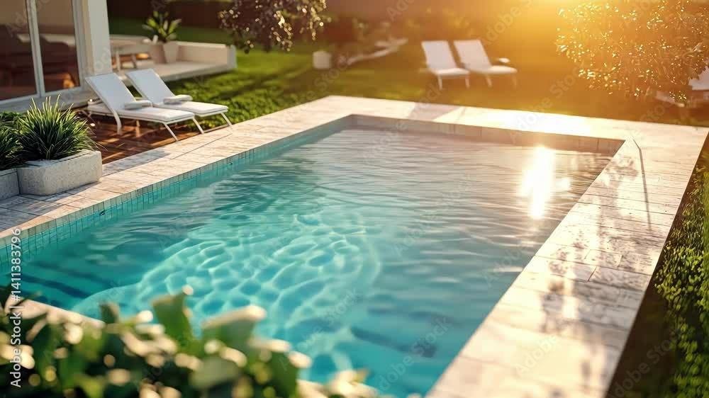 Serene garden pool scene with sunlight reflecting off the water.