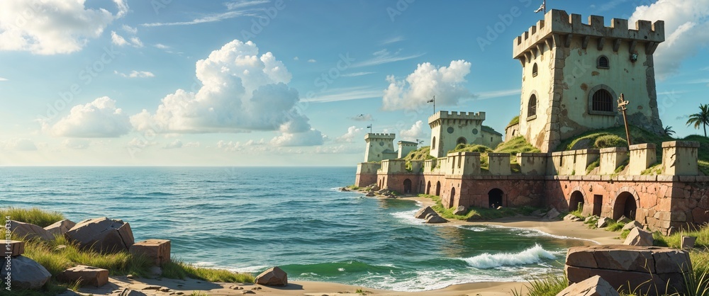 Obraz premium abandoned pirate fort overlooking the ocean 3d render scene video game concept background illustration digital artwork