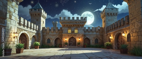 Wallpaper Mural ancient castle courtyard under moonlight 3d render scene video game concept background illustration digital artwork Torontodigital.ca