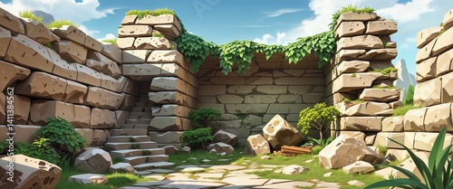 ancient ruin wall climbing section 3d render scene video game concept background illustration digital artwork