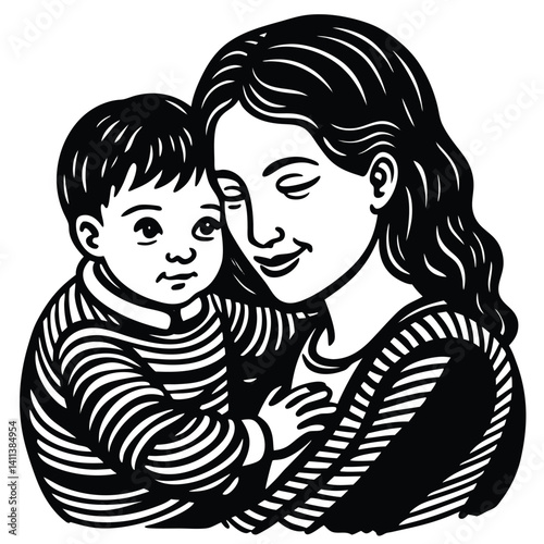 Tender Mother and Baby Embrace Black and White Illustration