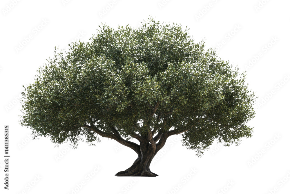 Fototapeta premium large tree with green leaves, showcasing broad canopy and sturdy trunk, stands prominently against transparency background, evoking sense of tranquility and nature beauty