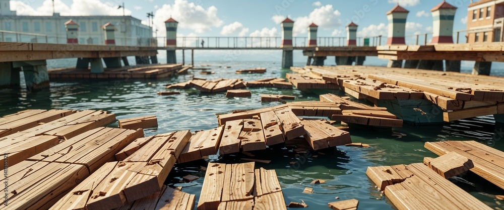 Fototapeta premium damaged pier with broken wood planks 3d render scene video game concept background illustration digital artwork