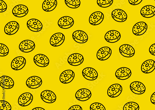 A Doughnut illustration pattern with yellow background, food packaging, menu illustration hand drawn print ads, food business, restaurant