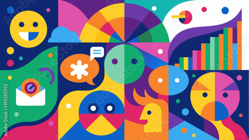 An abstract painting bursting with vibrant colors each one representing a different emotion captured through data from peoples social media posts.. Vector illustration