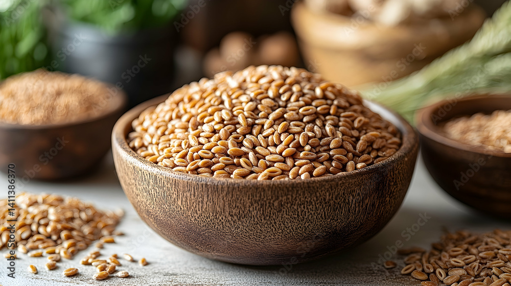 Wooden Bowl Overflowing with Golden Emmer Wheat Grains on Rustic Wooden Bowl Overflowing with Golden Emmer Wheat Grains on Rustic