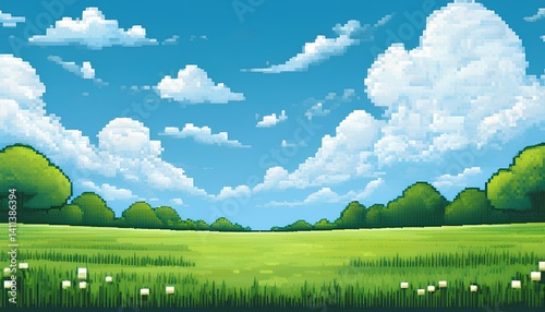 pixel art illustration of landscape green field and blue sky with clouds