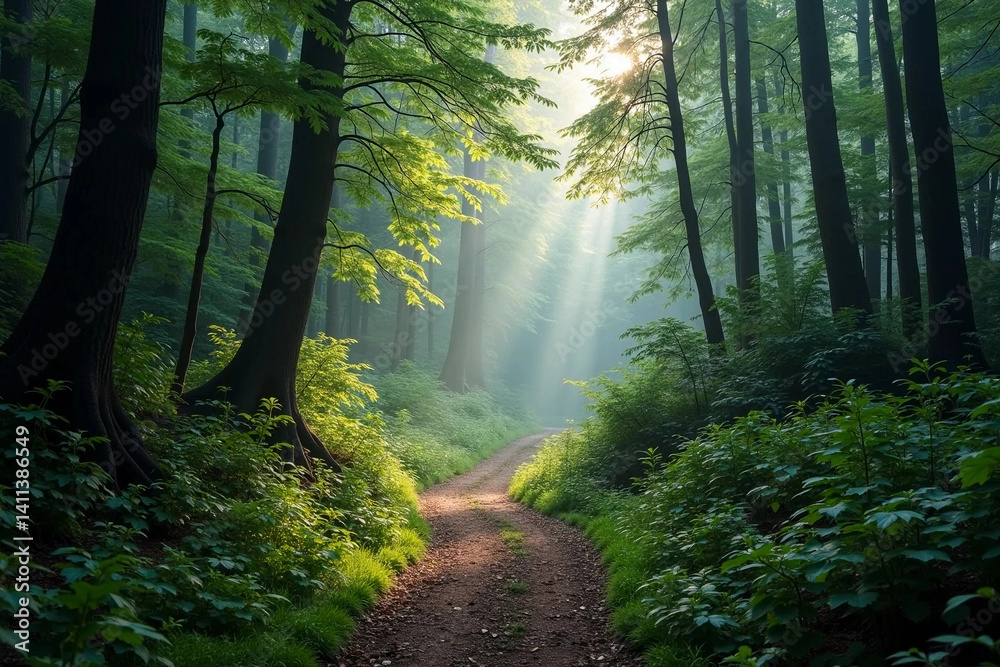 Obraz premium Beautiful landscape of wooded area. Path, dirt road in wild forest with big trees. Summer foggy morning, sun rays breaking through thick green crowns of old trees create an atmosphere of mystery.