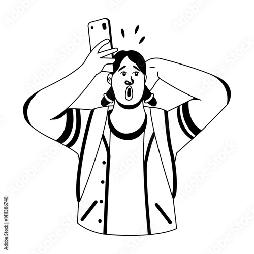 A glyph illustration of silly character making selfie pout 
