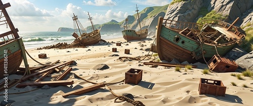 sandy beach littered with shipwreck debris 3d render scene video game concept background illustration digital artwork