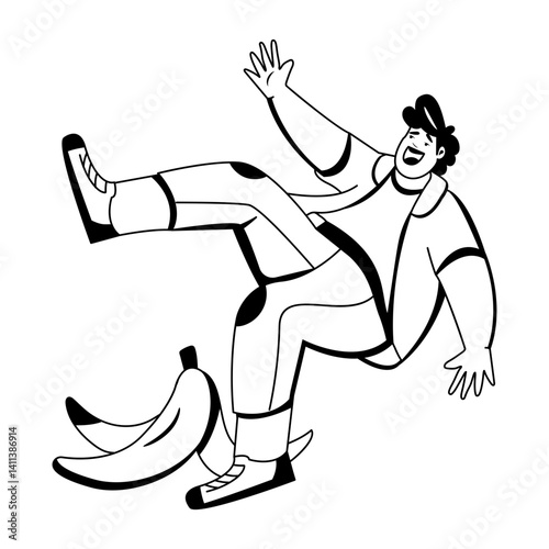 A glyph illustration of character slipping through banana peel 
