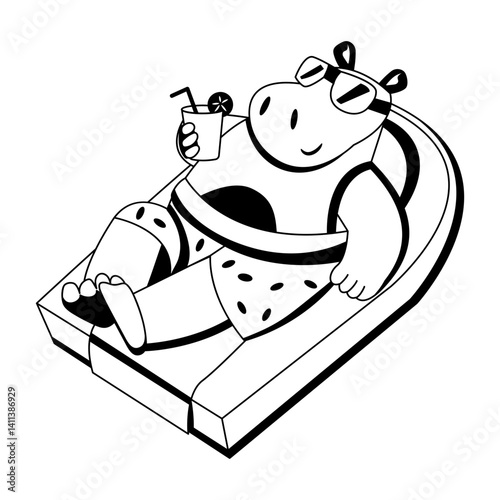 Chilling hippo character illustration in glyph style 
