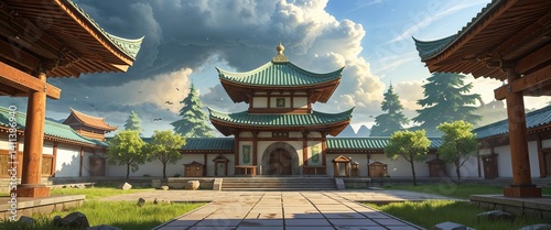 stormy sky above shrine courtyard 3d render scene video game concept background illustration digital artwork