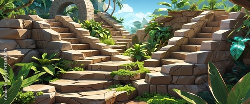 stone staircase winding through jungle 3d render scene video game concept background illustration digital artwork