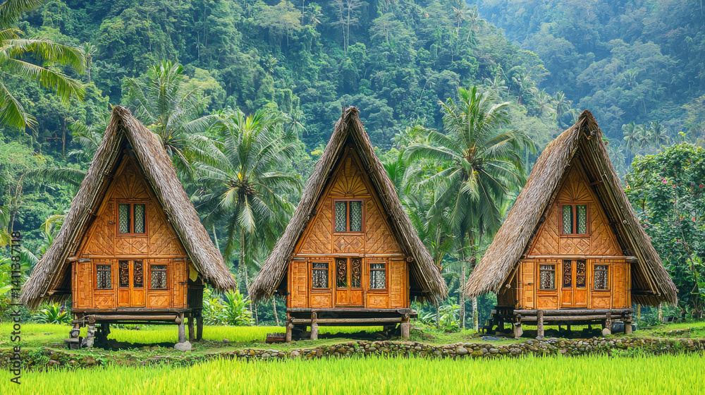 Fototapeta premium Traditional bamboo huts in lush tropical jungle setting