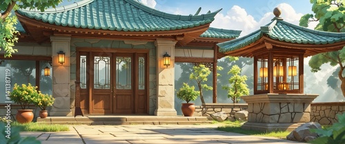 traditional home garden stone lantern 3d render scene video game concept background illustration digital artwork