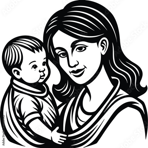 Mother and Baby in a Sling Black and White Illustration