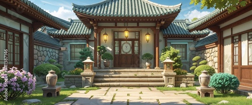 traditional home garden stone lantern 3d render scene video game concept background illustration digital artwork
