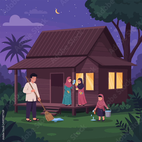 Family Cleaning House Together at Night Illustration