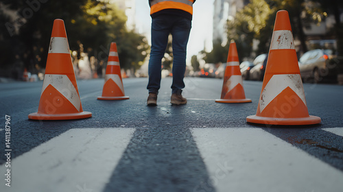 Road worker painting fresh lines on asphalt. Featuring precision and urban upkeep
