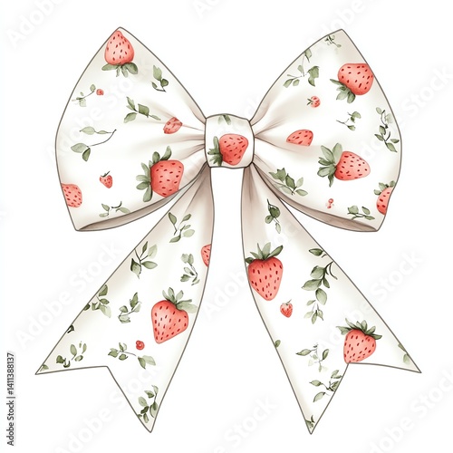 Charming Strawberry Bow, Watercolor Design A Delicate and Feminine Accessory with a Sweet Floral Print photo