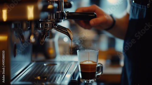 A barista brewing espresso with a machine in a coffee shop. Featuring precision and skill