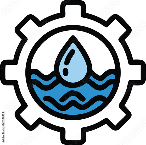 Gear Enclosing Water Drop and Waves with Bold Outlines on Transparent Background