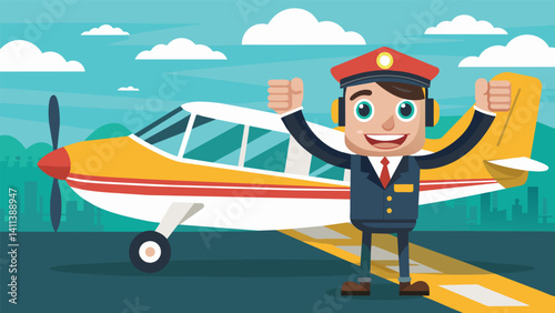 As the air taxi prepares for takeoff the pilot conducts a final safety check reassuring passengers with a friendly smile and a thumbs up.. Vector illustration