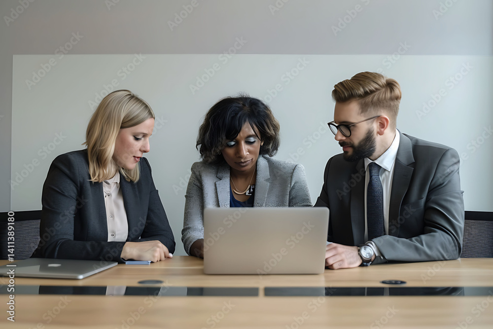 Three business people in suits, two women and one man, working together on a laptop at a conference table with a white wall behind them. Three business people in suits, two women and one man, working together on a laptop at a conference table with a white wall behind them.
