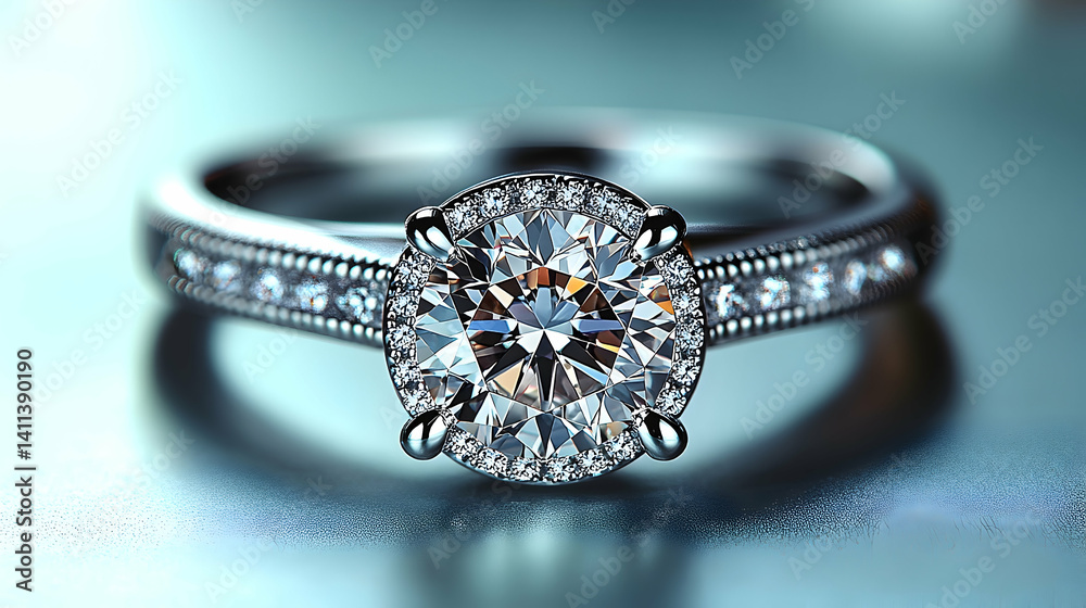 Sparkling Round Cut Diamond Ring with Pave Setting on a Textured Sparkling Round Cut Diamond Ring with Pave Setting on a Textured