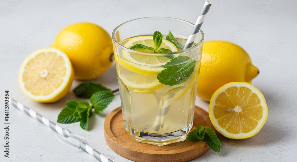 Refreshing Homemade Lemonade with Lemon Slices and Mint in Glass on Wooden Coasters Refreshing Homemade Lemonade with Lemon Slices and Mint in Glass on Wooden Coasters