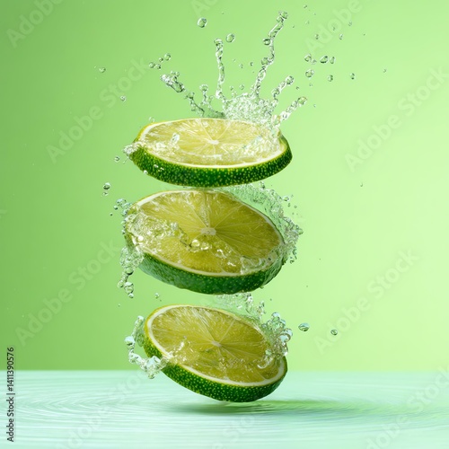 Sliced lime floating in water, creating a refreshing and vibrant splash against a green background, perfect for summer beverages.