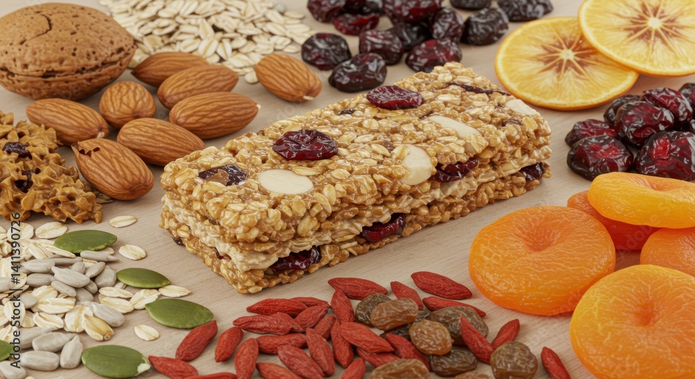 Fototapeta premium Delicious Granola Bar with Almonds, Cranberries, and Dried Fruits: A Healthy and Nutritious Snack