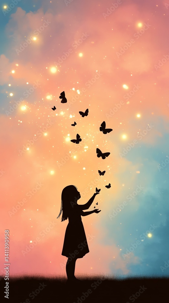 A silhouette of a girl releasing butterflies into a dreamy sky filled with sparkling stars and vibrant colors, symbolizing freedom. A silhouette of a girl releasing butterflies into a dreamy sky filled with sparkling stars and vibrant colors, symbolizing freedom.