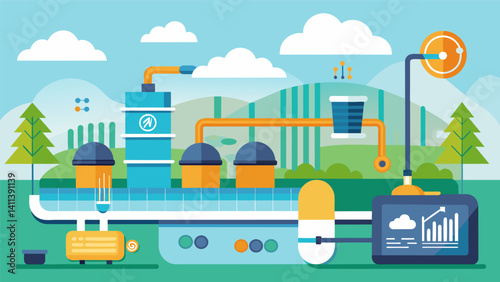 A wastewater treatment plant using sensors to analyze water flow and chemical reactions accurately predicting maintenance needs and ensuring proper treatment.. Vector illustration