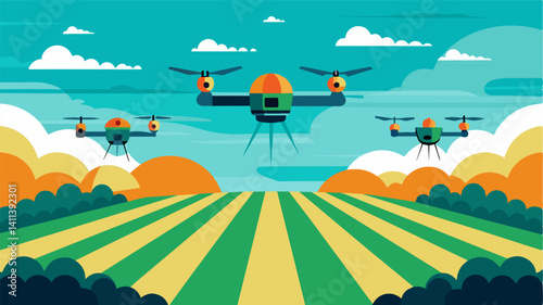 Imagine being able to cover acres of land in a fraction of the time it would take manually thanks to drones spraying crops.. Vector illustration