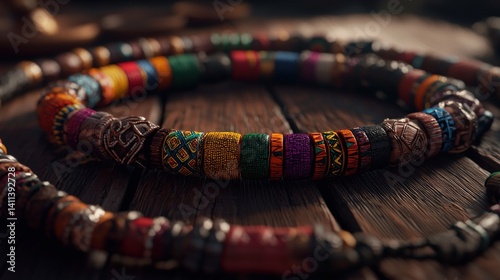 Colorful beaded necklace on rustic wooden surface, intricate details, blurred background photo