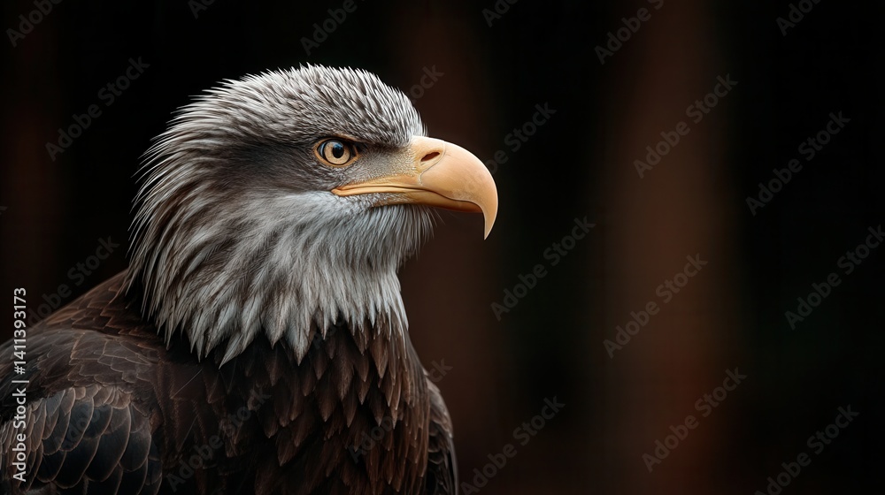 Fototapeta premium Majestic bald eagle portrait against dark forest background