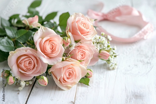 Delicate Pastel Pink Roses Bouquet on White Wooden Background